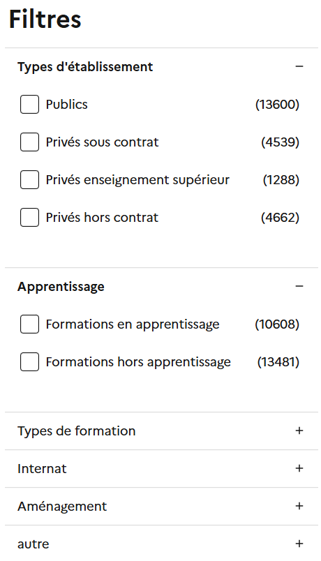 Filtres du moteur de recherche Parcoursup